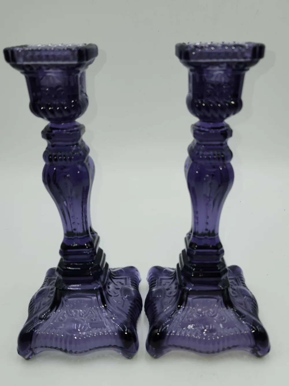 Vintage  Glass Candlestick Pair Godinger  Yorktown PURPLE AMETHYST YORKTOWN